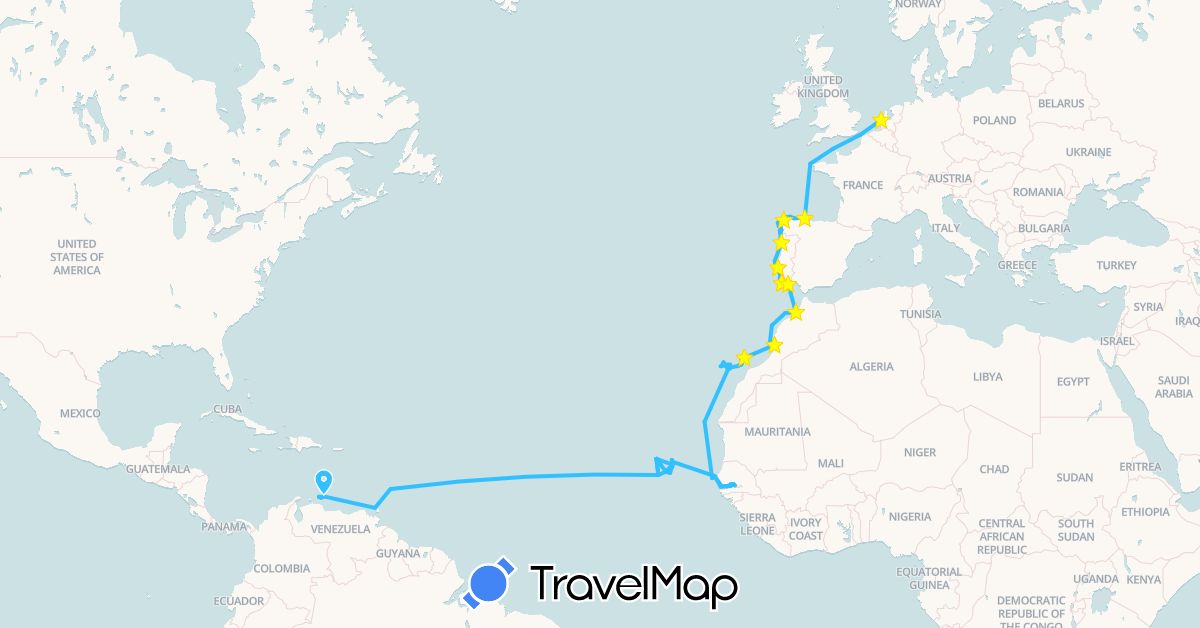 TravelMap itinerary: driving, boat in Barbados, Cape Verde, Spain, France, Guernsey, Gambia, Morocco, Netherlands, Portugal, Senegal, Trinidad and Tobago (Africa, Europe, North America)